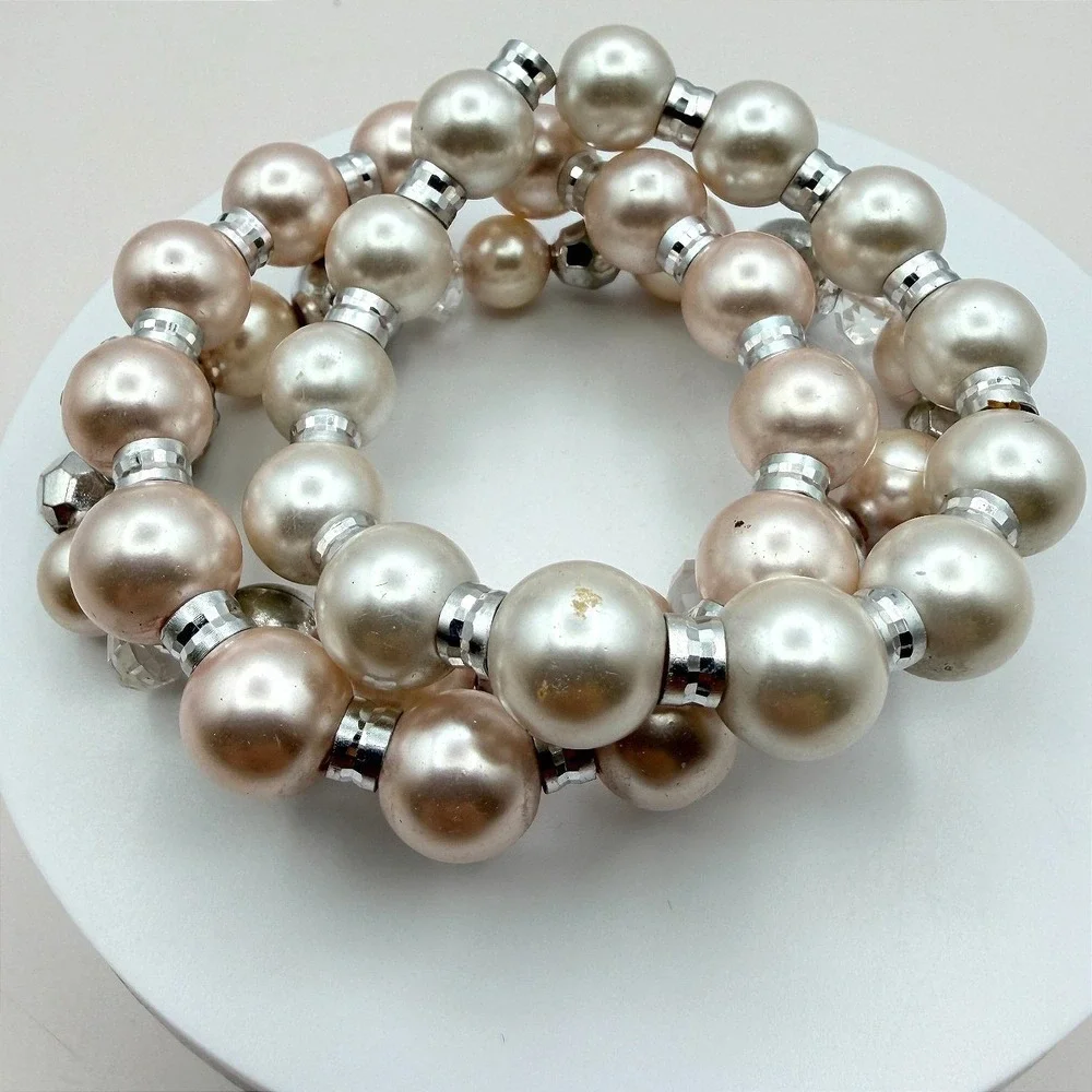 Vintage Y2K Silver Tone Faux Pearl Stretch Beaded Bracelet‎ Women's Jewelry